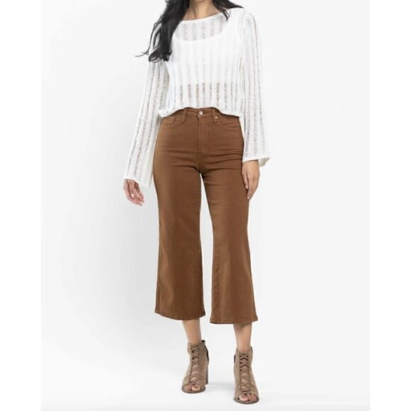 Judy Blue High Waisted Control Top Wide Cropped Jeans Camel - Picture 4 of 7